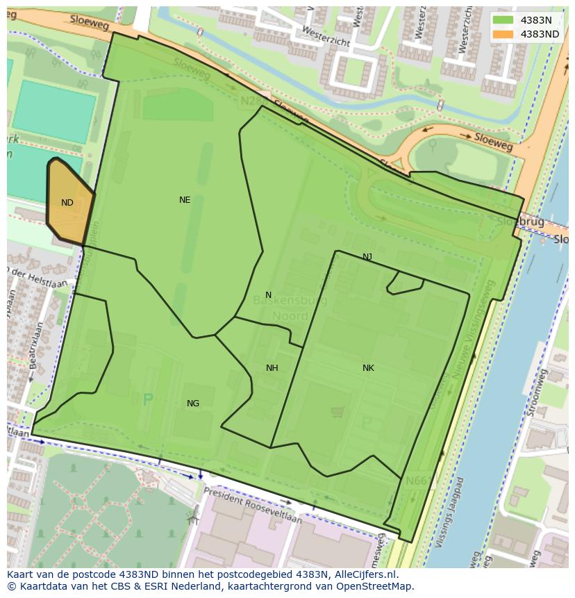 Afbeelding van het postcodegebied 4383 ND op de kaart.