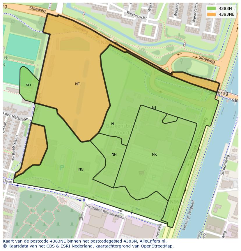 Afbeelding van het postcodegebied 4383 NE op de kaart.