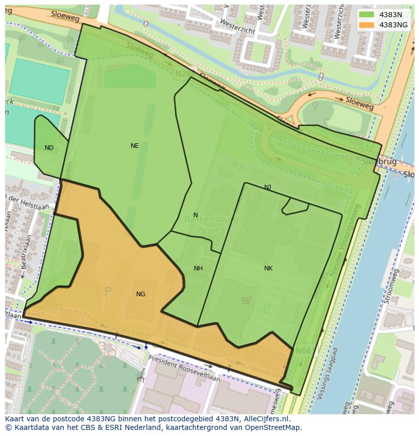 Afbeelding van het postcodegebied 4383 NG op de kaart.