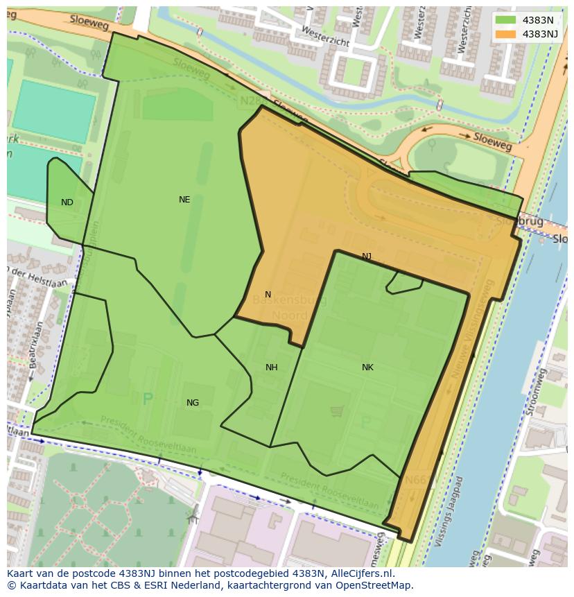 Afbeelding van het postcodegebied 4383 NJ op de kaart.