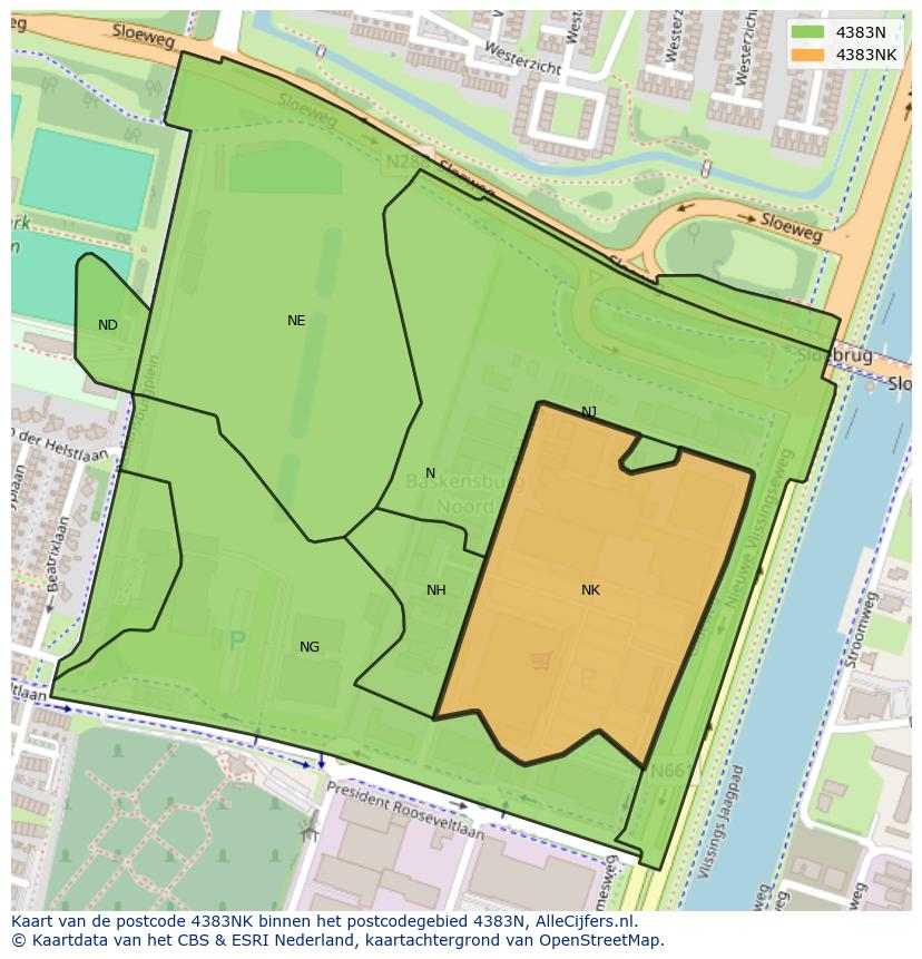 Afbeelding van het postcodegebied 4383 NK op de kaart.