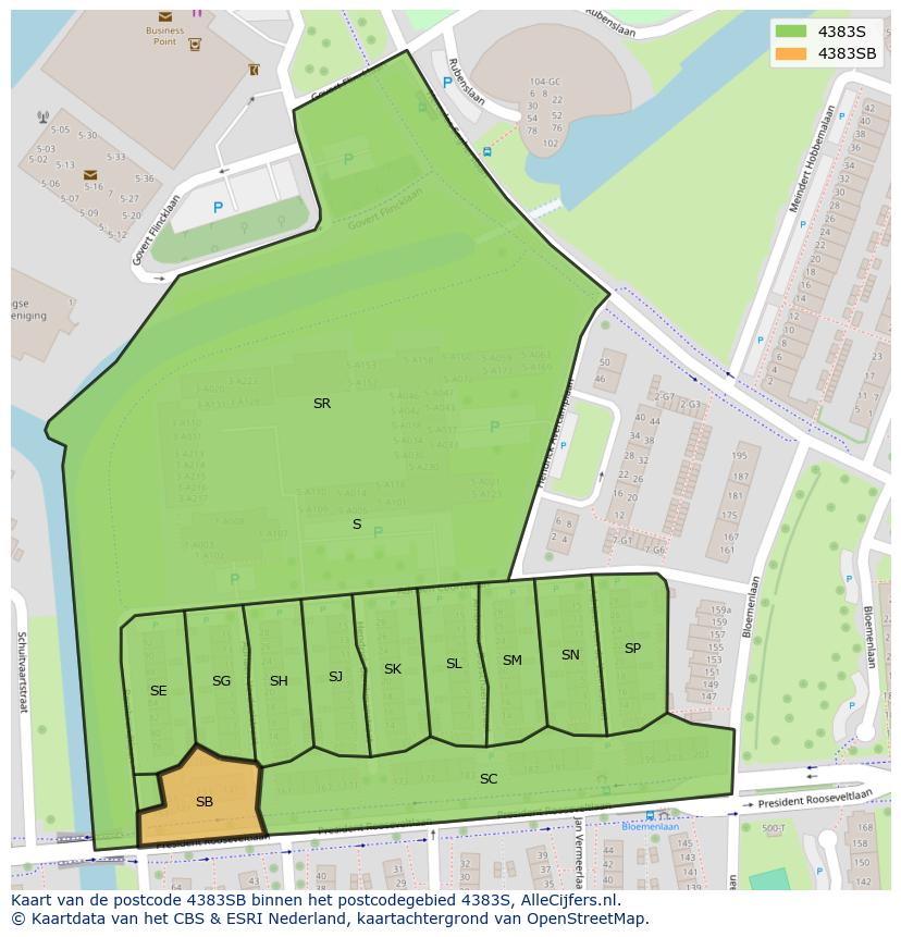 Afbeelding van het postcodegebied 4383 SB op de kaart.