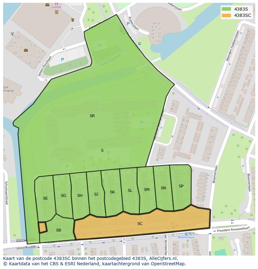 Afbeelding van het postcodegebied 4383 SC op de kaart.
