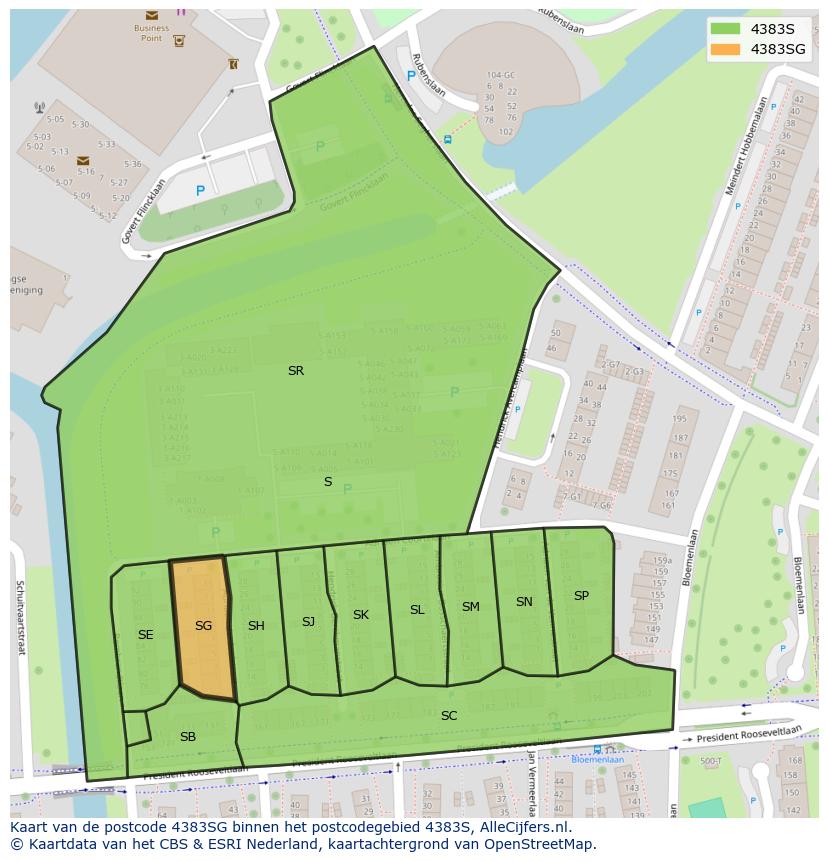 Afbeelding van het postcodegebied 4383 SG op de kaart.
