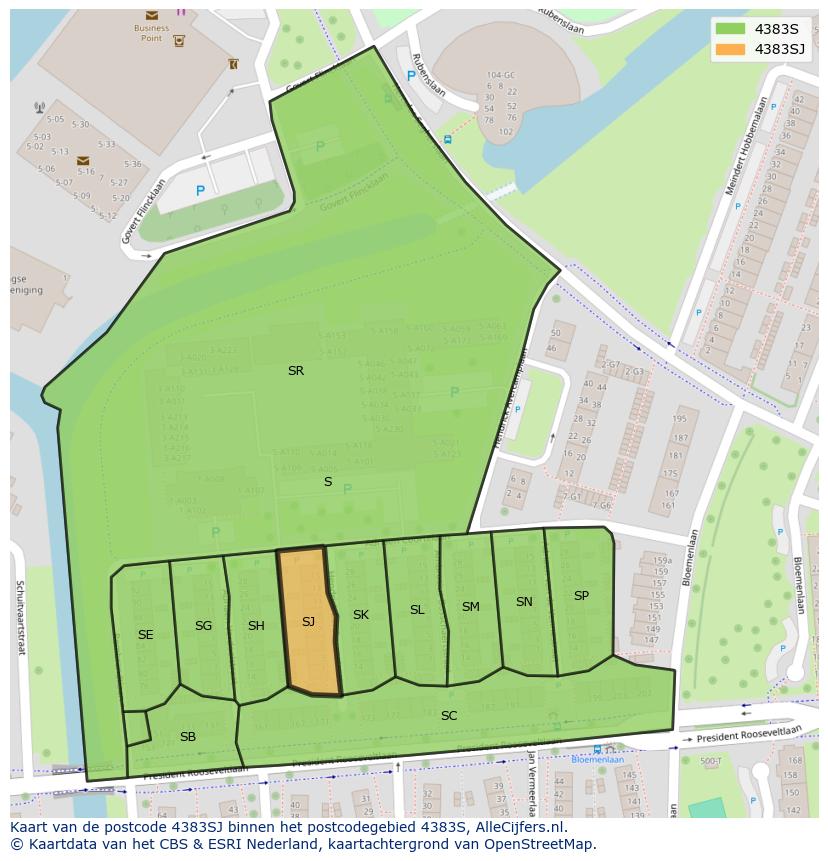 Afbeelding van het postcodegebied 4383 SJ op de kaart.