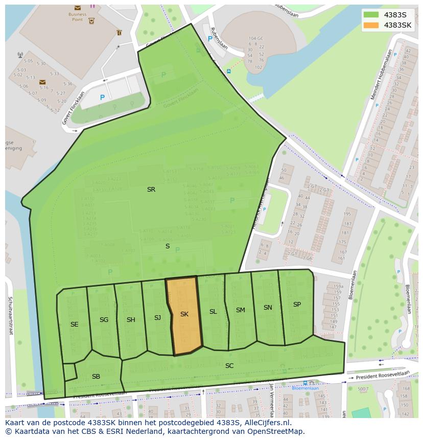 Afbeelding van het postcodegebied 4383 SK op de kaart.