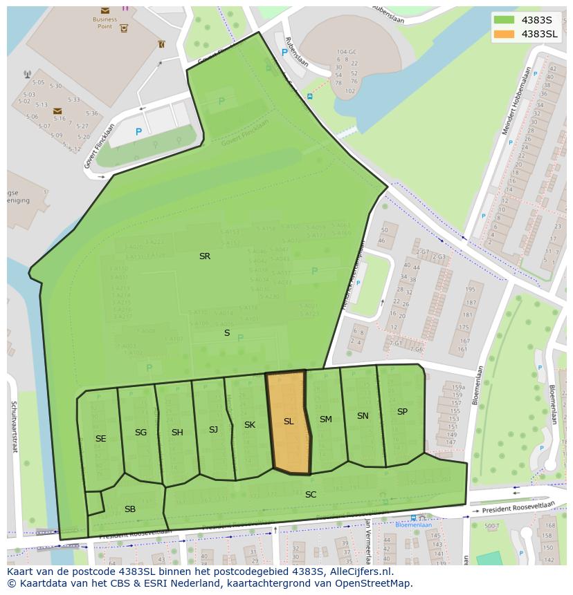 Afbeelding van het postcodegebied 4383 SL op de kaart.