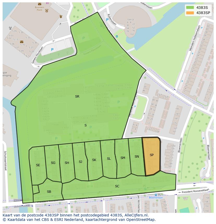 Afbeelding van het postcodegebied 4383 SP op de kaart.