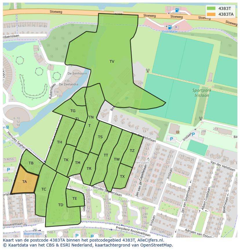 Afbeelding van het postcodegebied 4383 TA op de kaart.