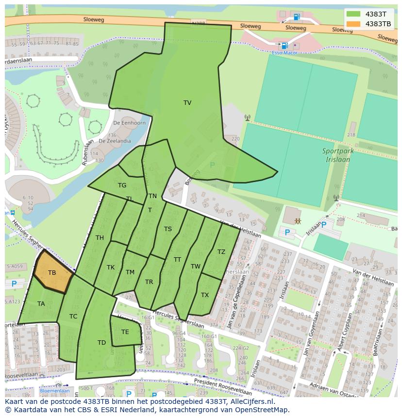Afbeelding van het postcodegebied 4383 TB op de kaart.
