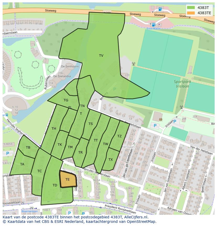 Afbeelding van het postcodegebied 4383 TE op de kaart.