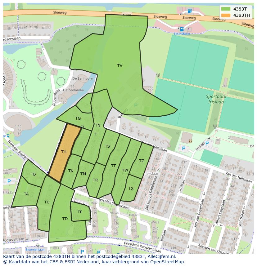 Afbeelding van het postcodegebied 4383 TH op de kaart.
