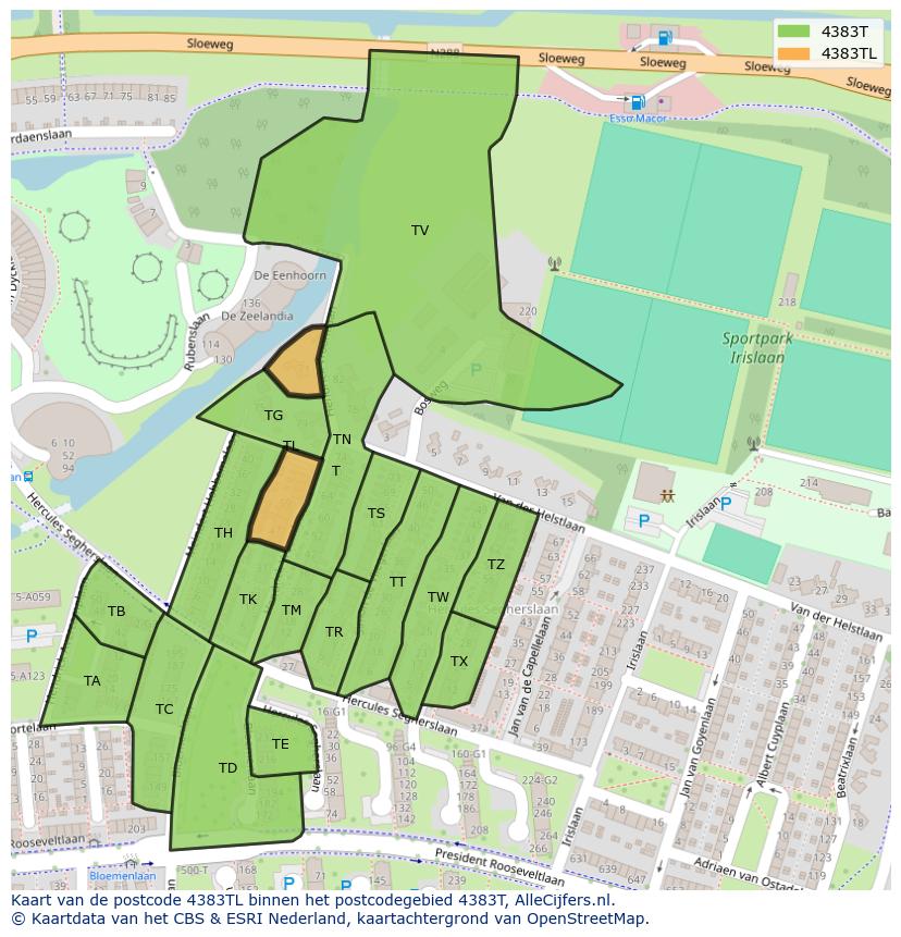Afbeelding van het postcodegebied 4383 TL op de kaart.