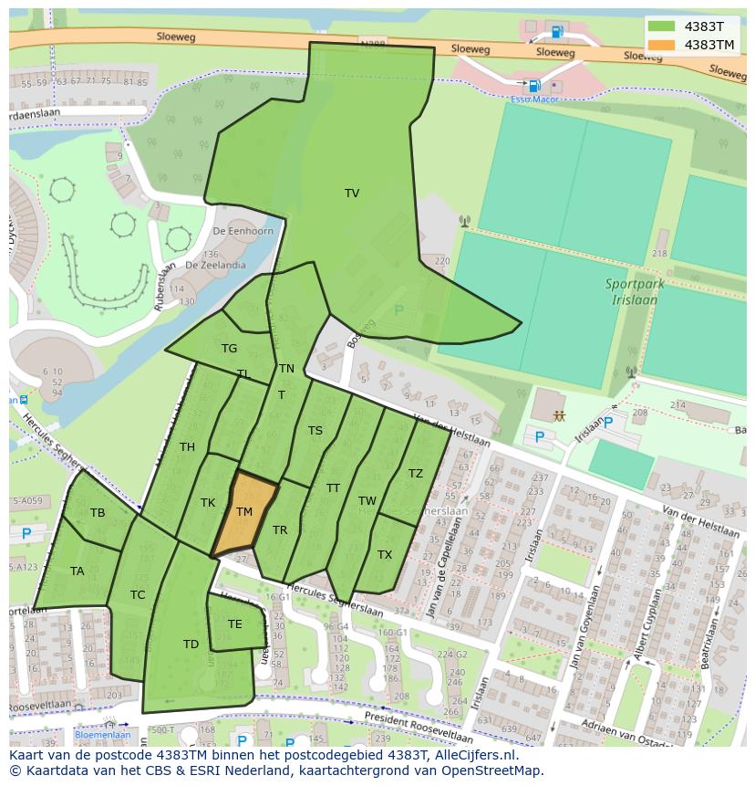 Afbeelding van het postcodegebied 4383 TM op de kaart.