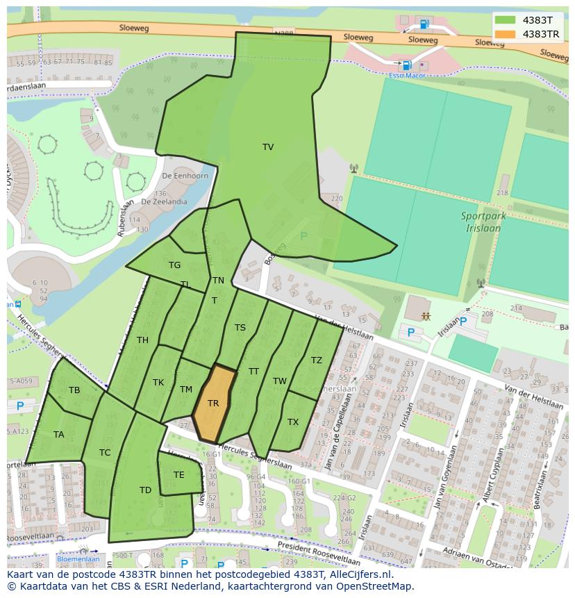 Afbeelding van het postcodegebied 4383 TR op de kaart.