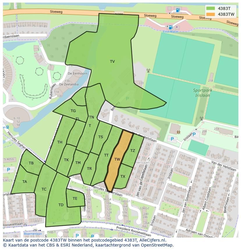 Afbeelding van het postcodegebied 4383 TW op de kaart.