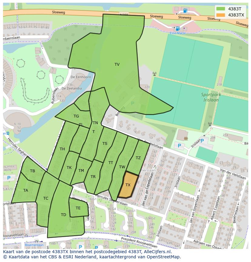 Afbeelding van het postcodegebied 4383 TX op de kaart.