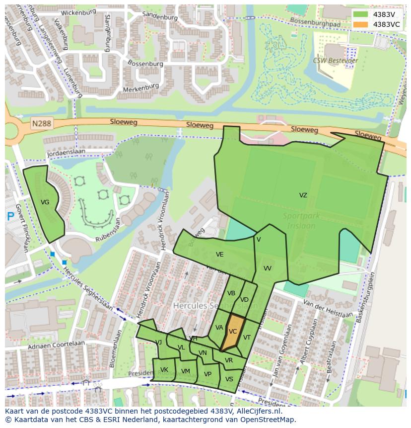 Afbeelding van het postcodegebied 4383 VC op de kaart.