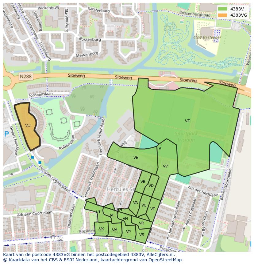 Afbeelding van het postcodegebied 4383 VG op de kaart.