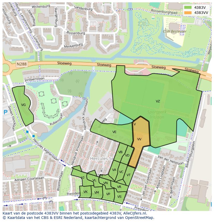 Afbeelding van het postcodegebied 4383 VV op de kaart.