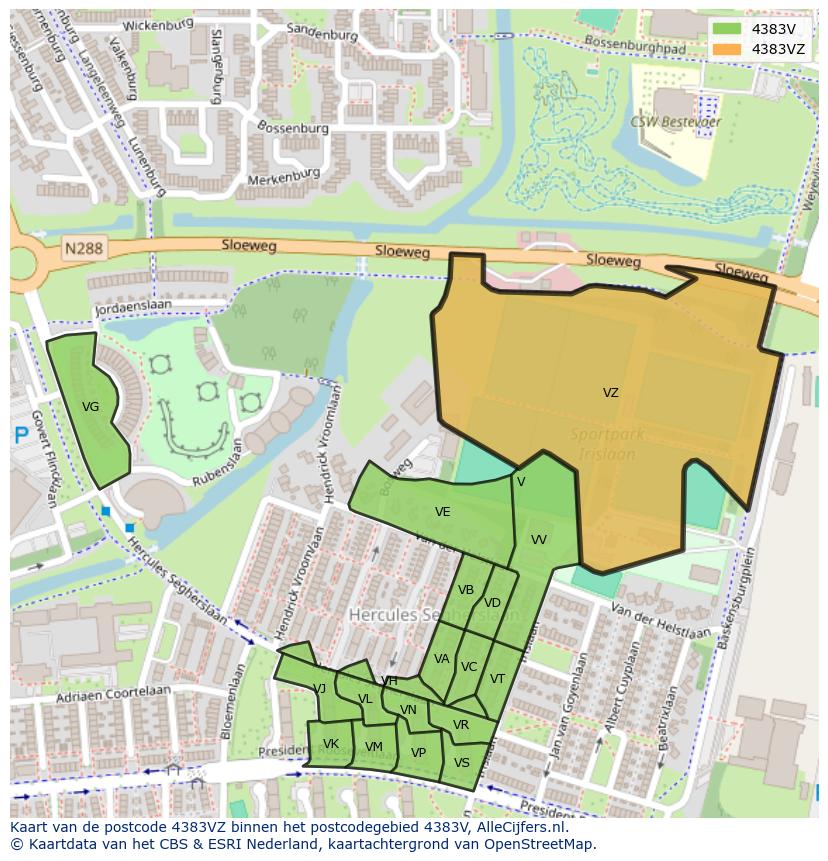 Afbeelding van het postcodegebied 4383 VZ op de kaart.