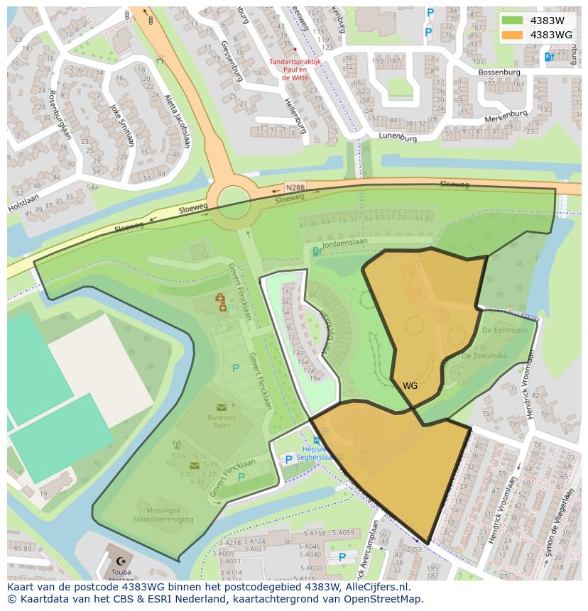 Afbeelding van het postcodegebied 4383 WG op de kaart.