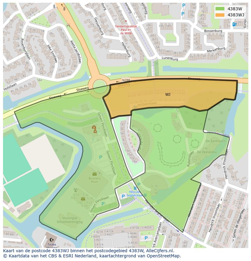 Afbeelding van het postcodegebied 4383 WJ op de kaart.