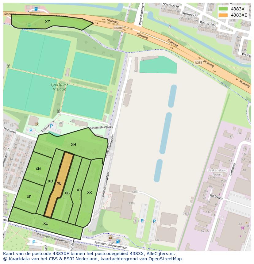 Afbeelding van het postcodegebied 4383 XE op de kaart.