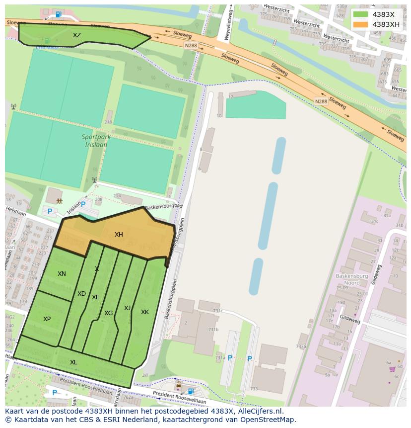 Afbeelding van het postcodegebied 4383 XH op de kaart.
