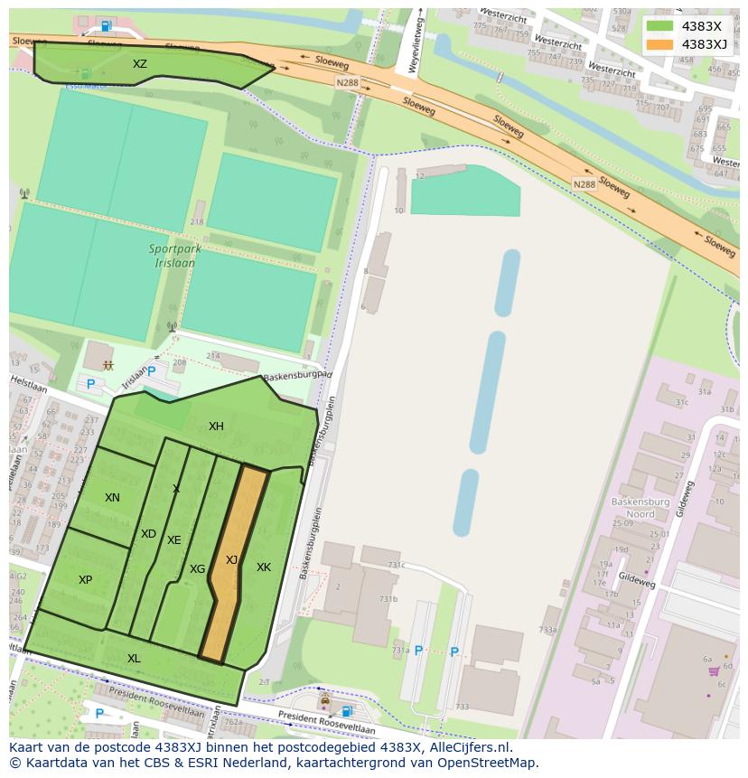 Afbeelding van het postcodegebied 4383 XJ op de kaart.