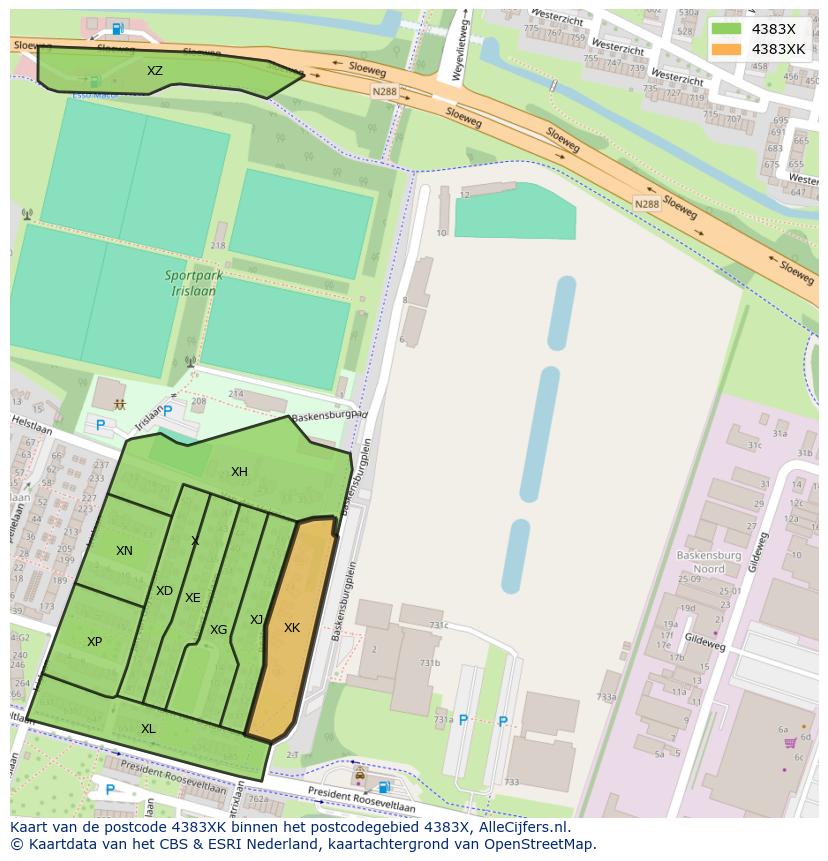 Afbeelding van het postcodegebied 4383 XK op de kaart.
