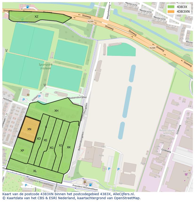 Afbeelding van het postcodegebied 4383 XN op de kaart.