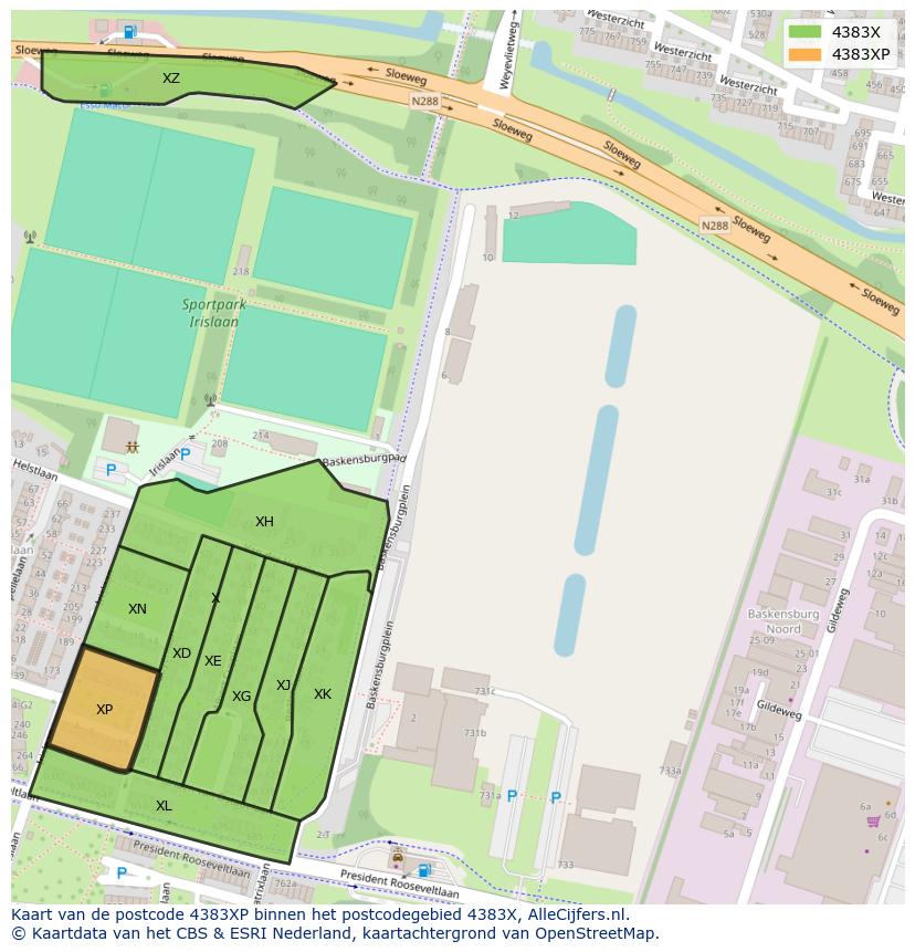 Afbeelding van het postcodegebied 4383 XP op de kaart.