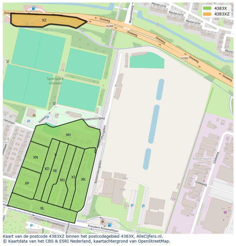 Afbeelding van het postcodegebied 4383 XZ op de kaart.