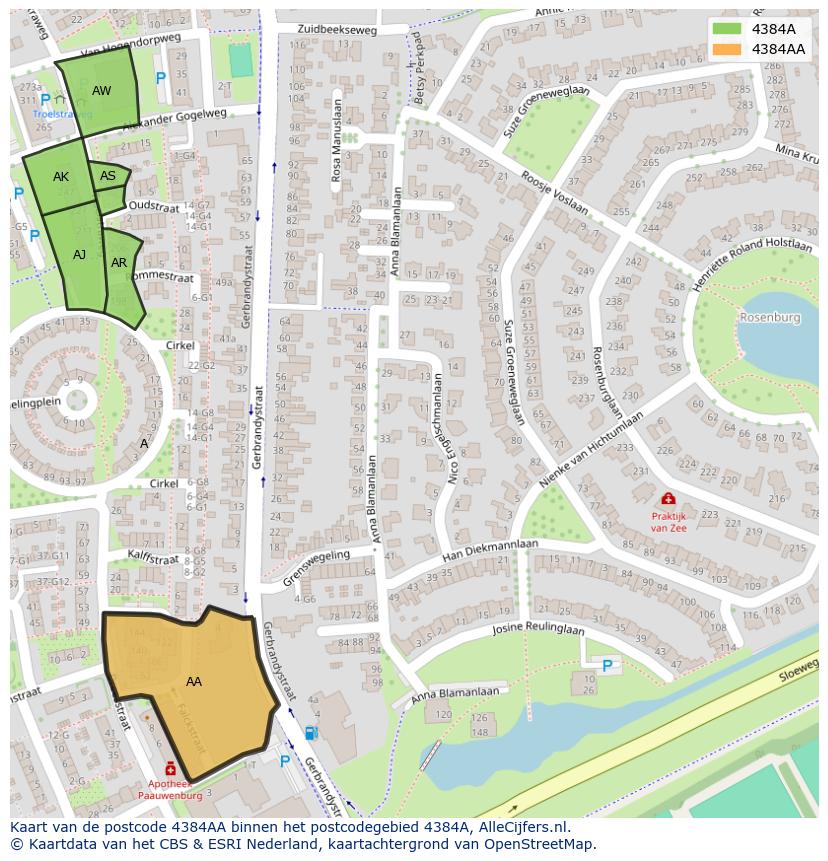 Afbeelding van het postcodegebied 4384 AA op de kaart.