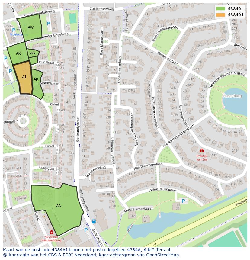 Afbeelding van het postcodegebied 4384 AJ op de kaart.