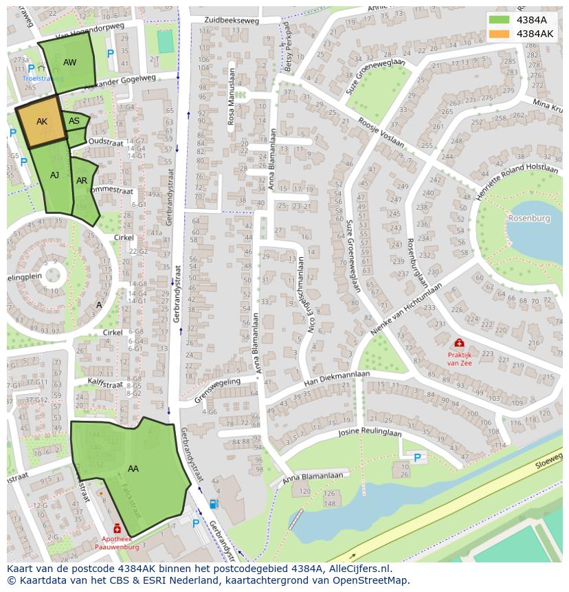 Afbeelding van het postcodegebied 4384 AK op de kaart.