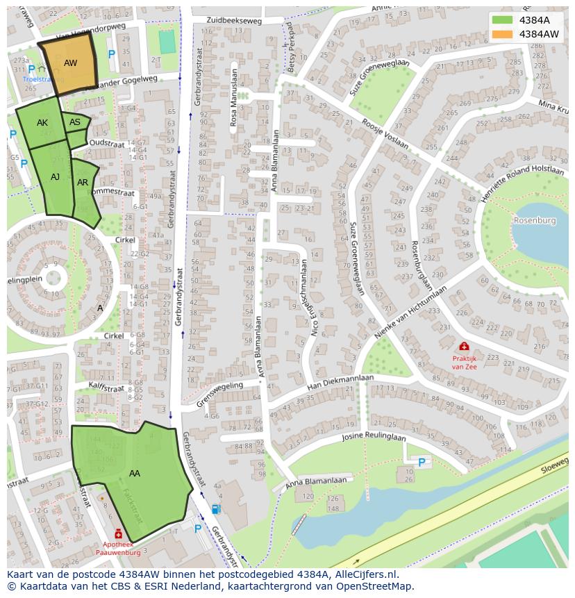 Afbeelding van het postcodegebied 4384 AW op de kaart.