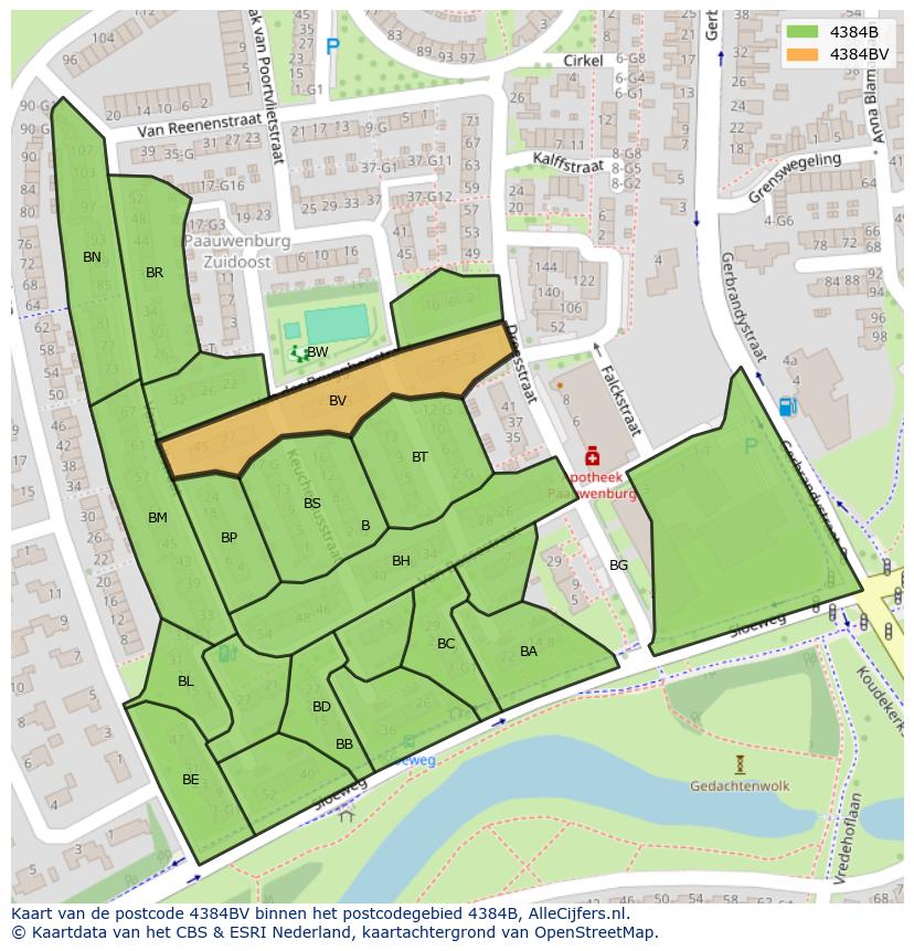 Afbeelding van het postcodegebied 4384 BV op de kaart.