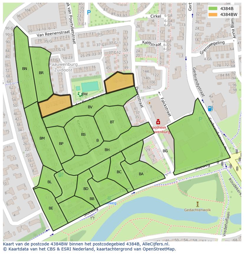 Afbeelding van het postcodegebied 4384 BW op de kaart.