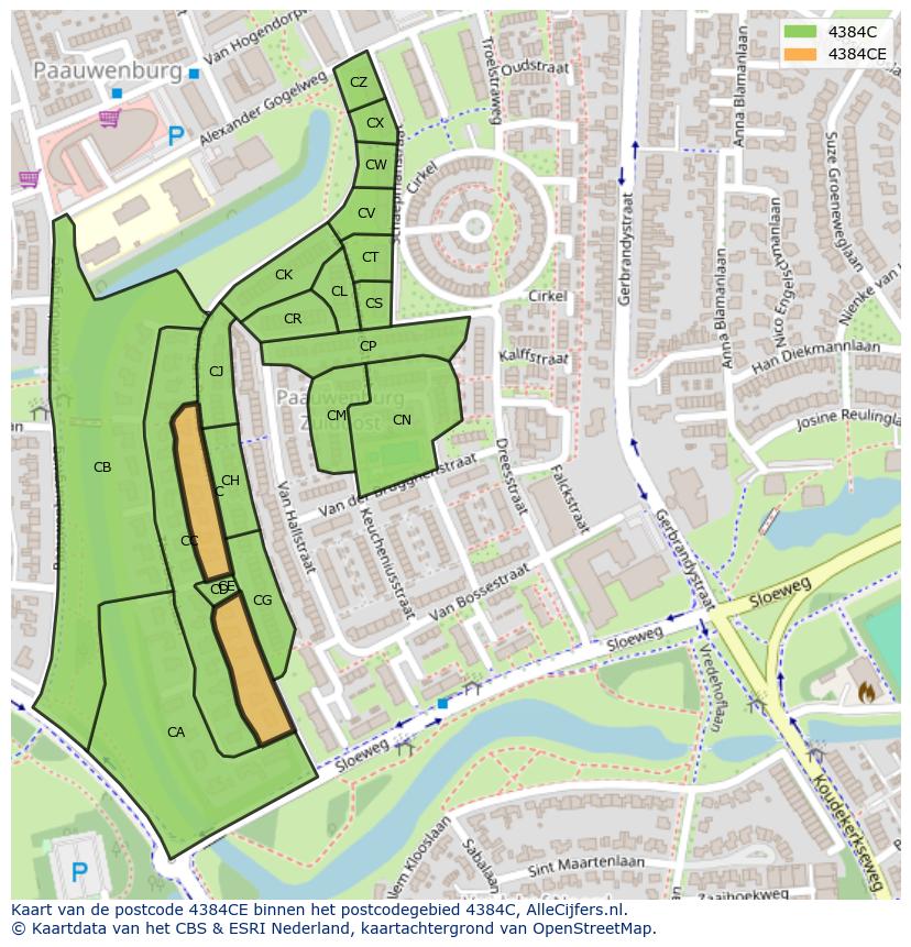 Afbeelding van het postcodegebied 4384 CE op de kaart.