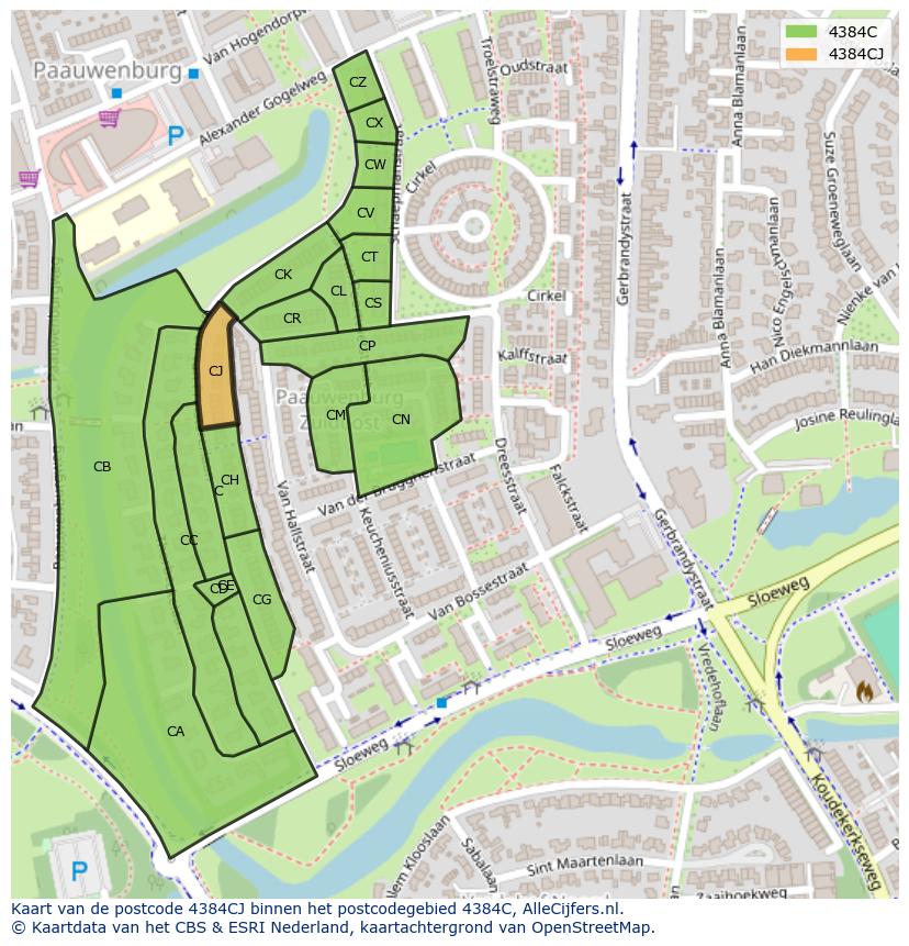 Afbeelding van het postcodegebied 4384 CJ op de kaart.