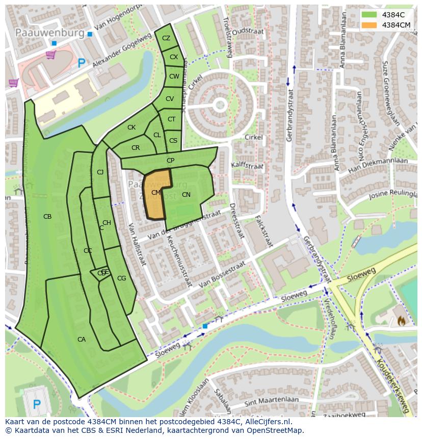 Afbeelding van het postcodegebied 4384 CM op de kaart.
