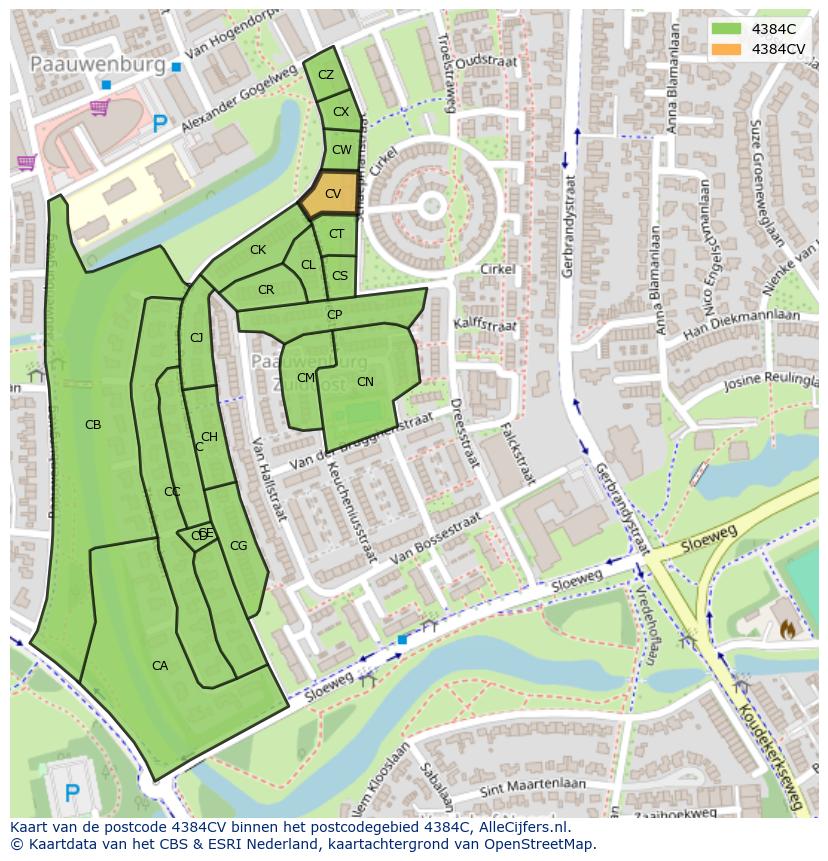 Afbeelding van het postcodegebied 4384 CV op de kaart.