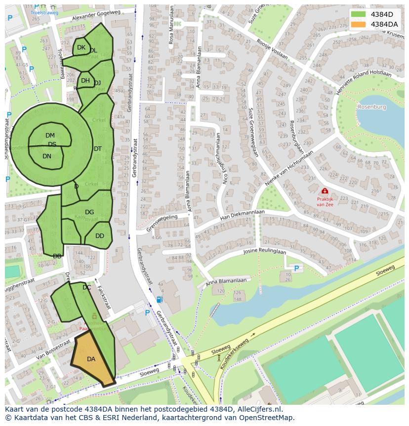 Afbeelding van het postcodegebied 4384 DA op de kaart.