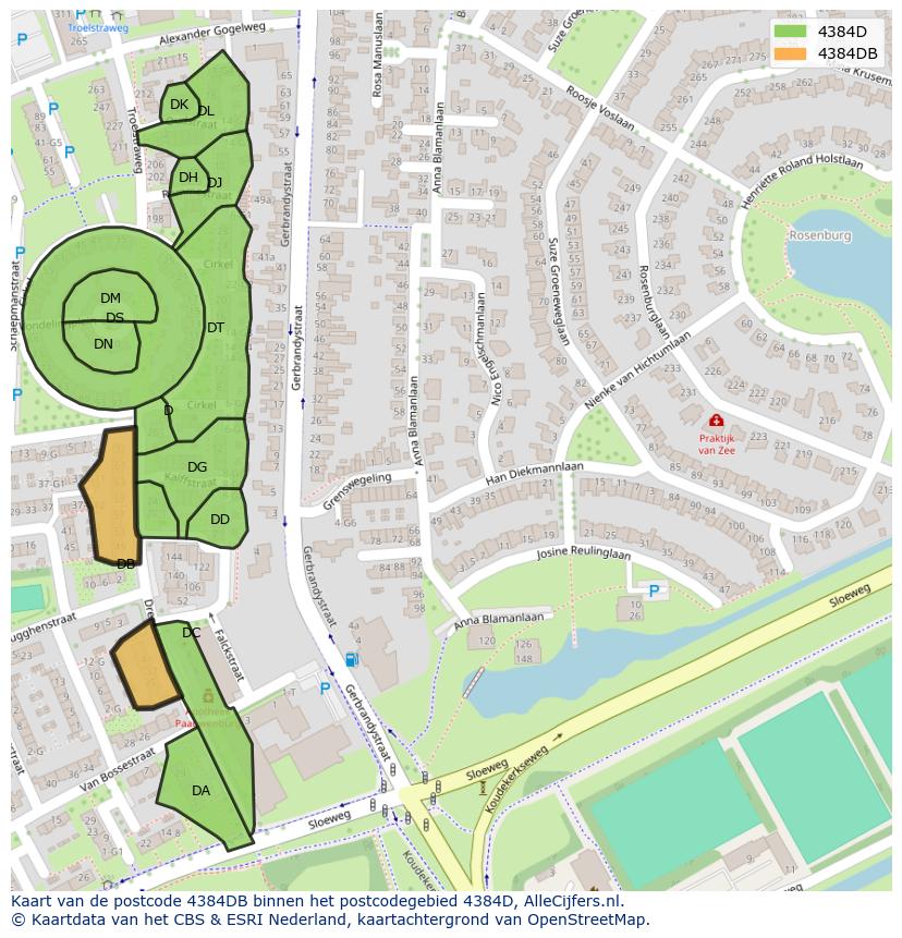Afbeelding van het postcodegebied 4384 DB op de kaart.