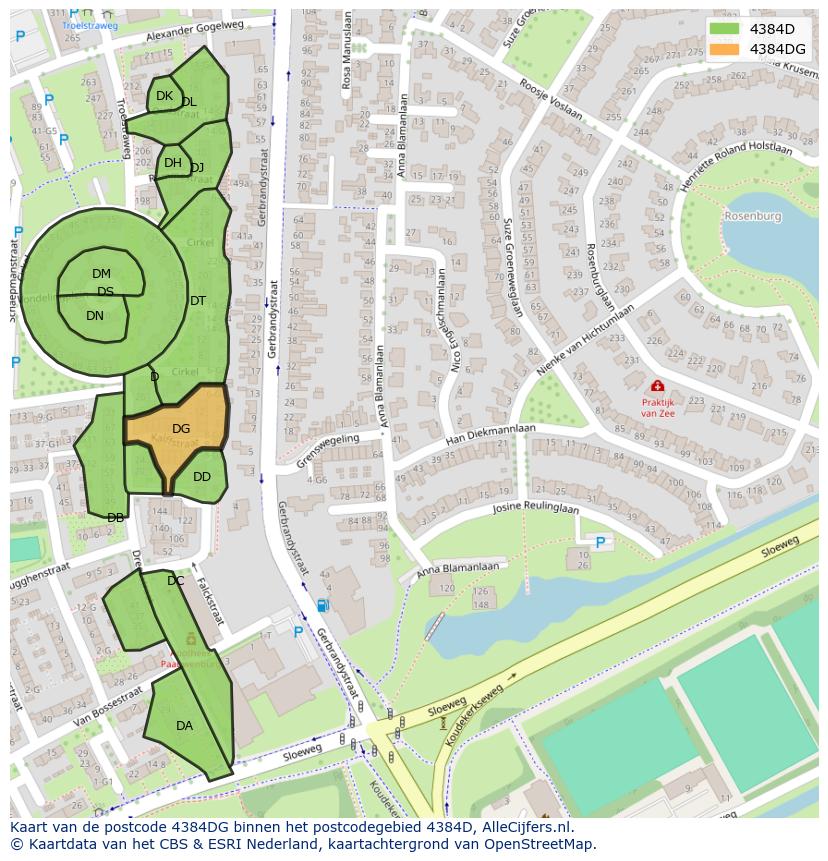 Afbeelding van het postcodegebied 4384 DG op de kaart.