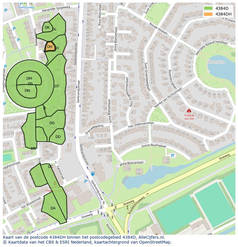Afbeelding van het postcodegebied 4384 DH op de kaart.