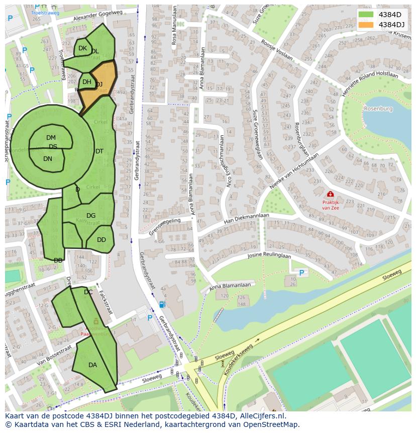 Afbeelding van het postcodegebied 4384 DJ op de kaart.