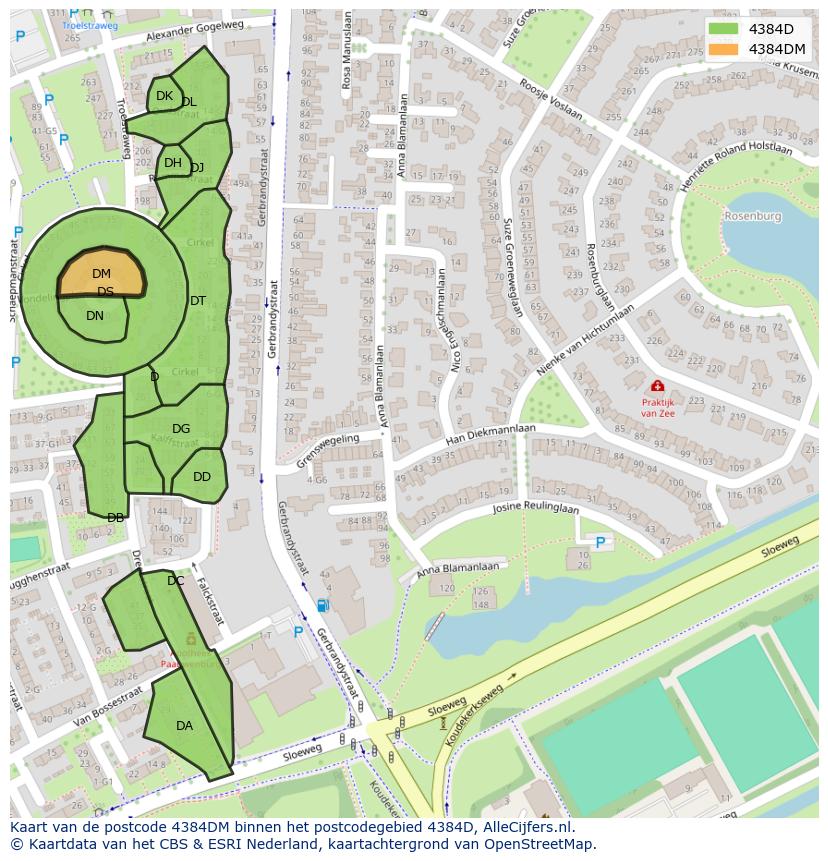 Afbeelding van het postcodegebied 4384 DM op de kaart.
